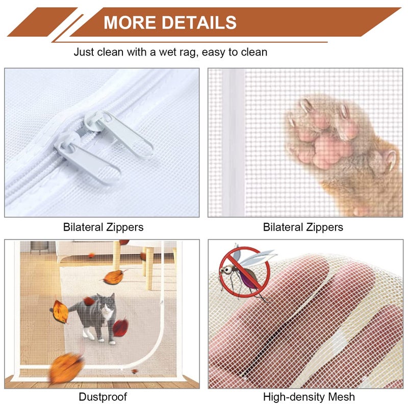 Dixutzi Reinforced Cat Screen Door Fits Door Size 32''x 80''  Heavy Duty Pets Proof Screen Door with Zipper  Prevent Dogs Cats Running Out from Home (White) - Image 5